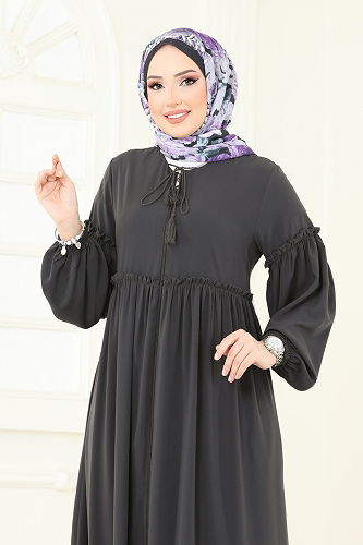 moda selvim Önden Fermuarlı Medine İpeği Ferace 2638SL432 Antrasit - Thumbnail