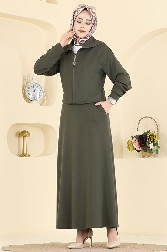 moda selvim Önden Fermuarlı Modal Takım 2601ERK1158 Koyu Haki - Thumbnail