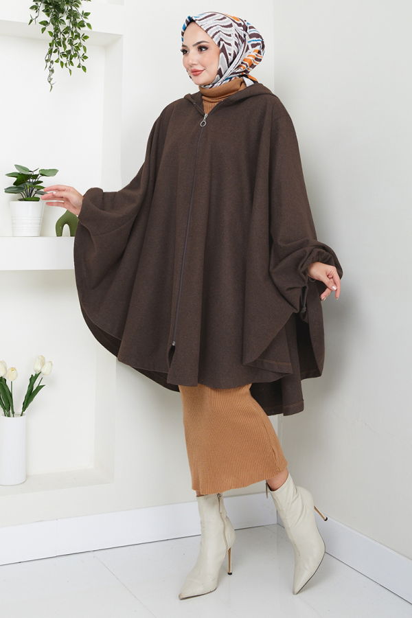 Modaselvim Panço Önden Fermuarlı Panço 0505BGS895-M Kahve