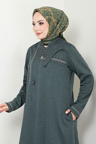 moda selvim Önden Fermuarlı Pardesü Ferace 0003HMY948-M Haki - Thumbnail