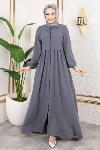 moda selvim Önden Fermuarlı Pardesü Ferace 0034BG354 Gri - Thumbnail