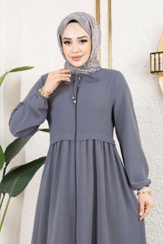 moda selvim Önden Fermuarlı Pardesü Ferace 0034BG354 Gri - Thumbnail