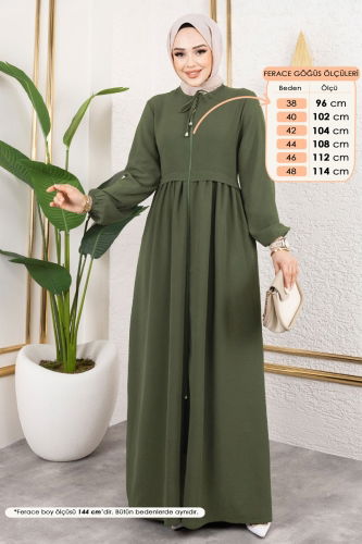 moda selvim Önden Fermuarlı Pardesü Ferace 0034BG354 Haki - Thumbnail