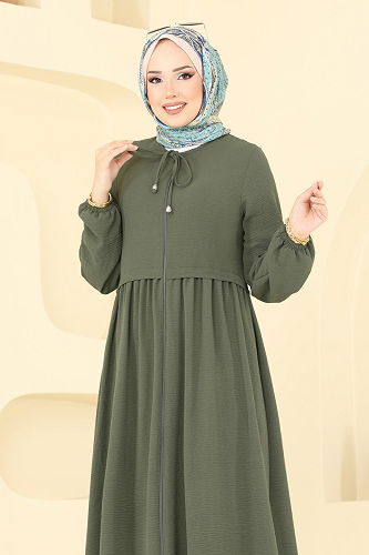 moda selvim Önden Fermuarlı Pardesü Ferace 0034BG354 Koyu Haki - Thumbnail