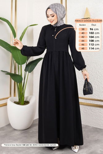 moda selvim Önden Fermuarlı Pardesü Ferace 0034BG354 Siyah - Thumbnail