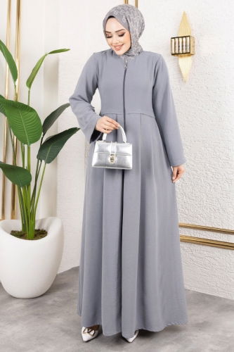 moda selvim Önden Fermuarlı Pardesü Ferace 0038BG354 Gri - Thumbnail