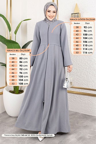 moda selvim Önden Fermuarlı Pardesü Ferace 0038BG354 Gri - Thumbnail