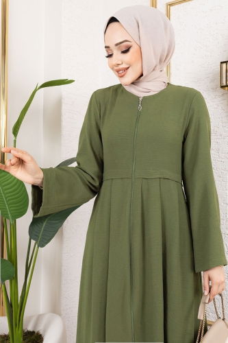moda selvim Önden Fermuarlı Pardesü Ferace 0038BG354 Haki - Thumbnail