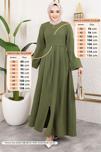 moda selvim Önden Fermuarlı Pardesü Ferace 0038BG354 Haki - Thumbnail
