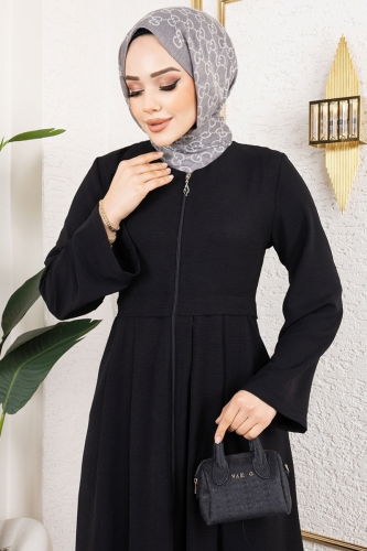 moda selvim Önden Fermuarlı Pardesü Ferace 0038BG354 Siyah - Thumbnail
