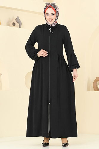 moda selvim Önden Fermuarlı Pardesü Ferace 0046BG354 Siyah - Thumbnail