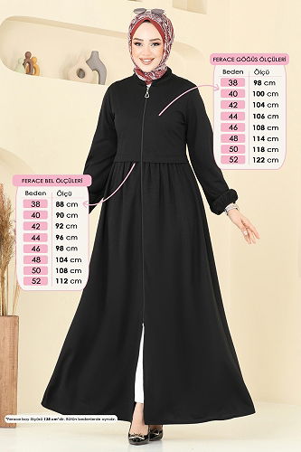 moda selvim Önden Fermuarlı Pardesü Ferace 23002UKB139 Siyah - Thumbnail