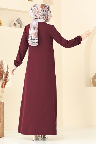 moda selvim Önden Fermuarlı Pardesü Ferace 23006UKB139 Bordo - Thumbnail