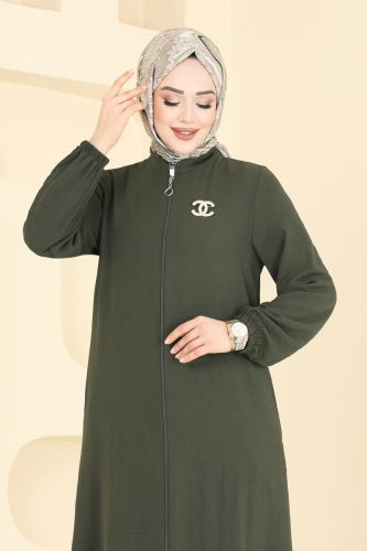 moda selvim Önden Fermuarlı Pardesü Ferace 6019UZ662 Haki - Thumbnail