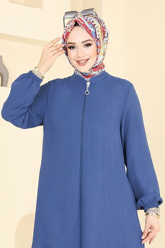 moda selvim Önden Fermuarlı Pardesü Ferace 6019UZ662 İndigo - Thumbnail