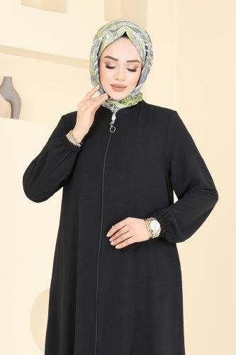 moda selvim Önden Fermuarlı Pardesü Ferace 6019UZ662 Siyah - Thumbnail
