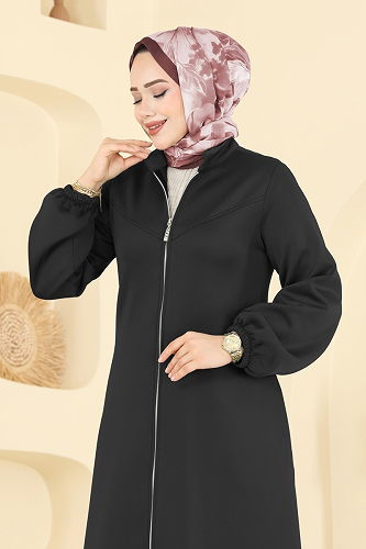 moda selvim Önden Fermuarlı Scuba Ferace 2779SL432 Siyah - Thumbnail