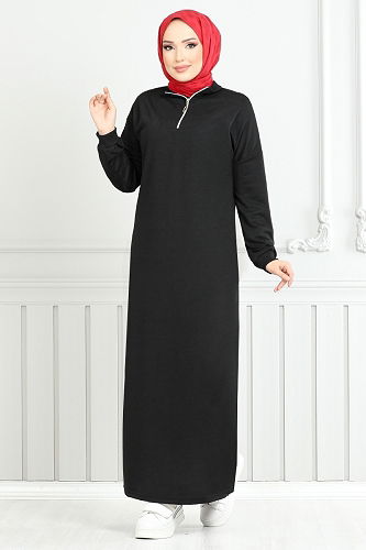 moda selvim Önden Fermuarlı Spor Elbise 13366ETT902-M Siyah - Thumbnail