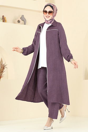 moda selvim Önden Fermuarlı Takım 818OZN1046 Koyu Gül Kurusu - Thumbnail