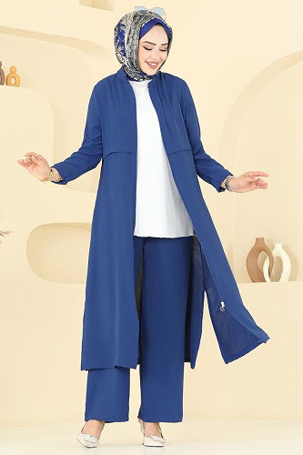 moda selvim Önden Fermuarlı Tesettür Takım 379DVL817 İndigo - Thumbnail