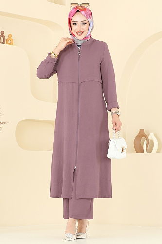 moda selvim Önden Fermuarlı Tesettür Takım 379DVL817 Koyu Lila - Thumbnail
