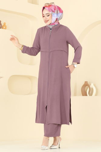moda selvim Önden Fermuarlı Tesettür Takım 379DVL817 Koyu Lila - Thumbnail