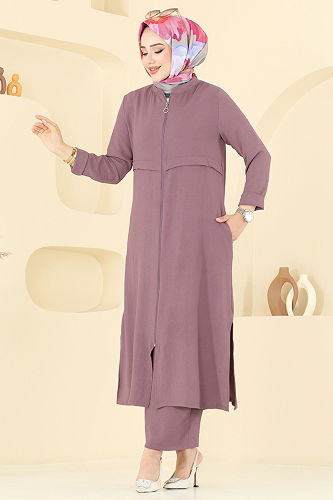 moda selvim Önden Fermuarlı Tesettür Takım 379DVL817 Koyu Lila - Thumbnail