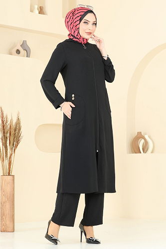 moda selvim Önden Fermuarlı Tesettür Takım 9025S324 Siyah - Thumbnail