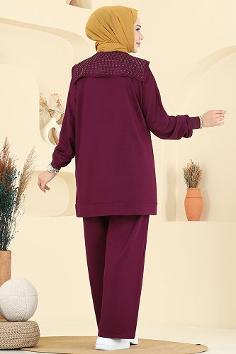 moda selvim Önden Full Taşlı Takım 3335UZ662 Bordo - Thumbnail