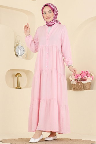 moda selvim Önden Yarım Düğmeli Elbise 183NZRK1200 Pembe - Thumbnail