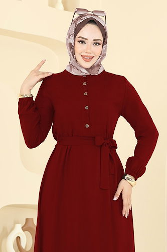 moda selvim Önden Yarım Düğmeli Elbise 5003ERK1158 Bordo - Thumbnail