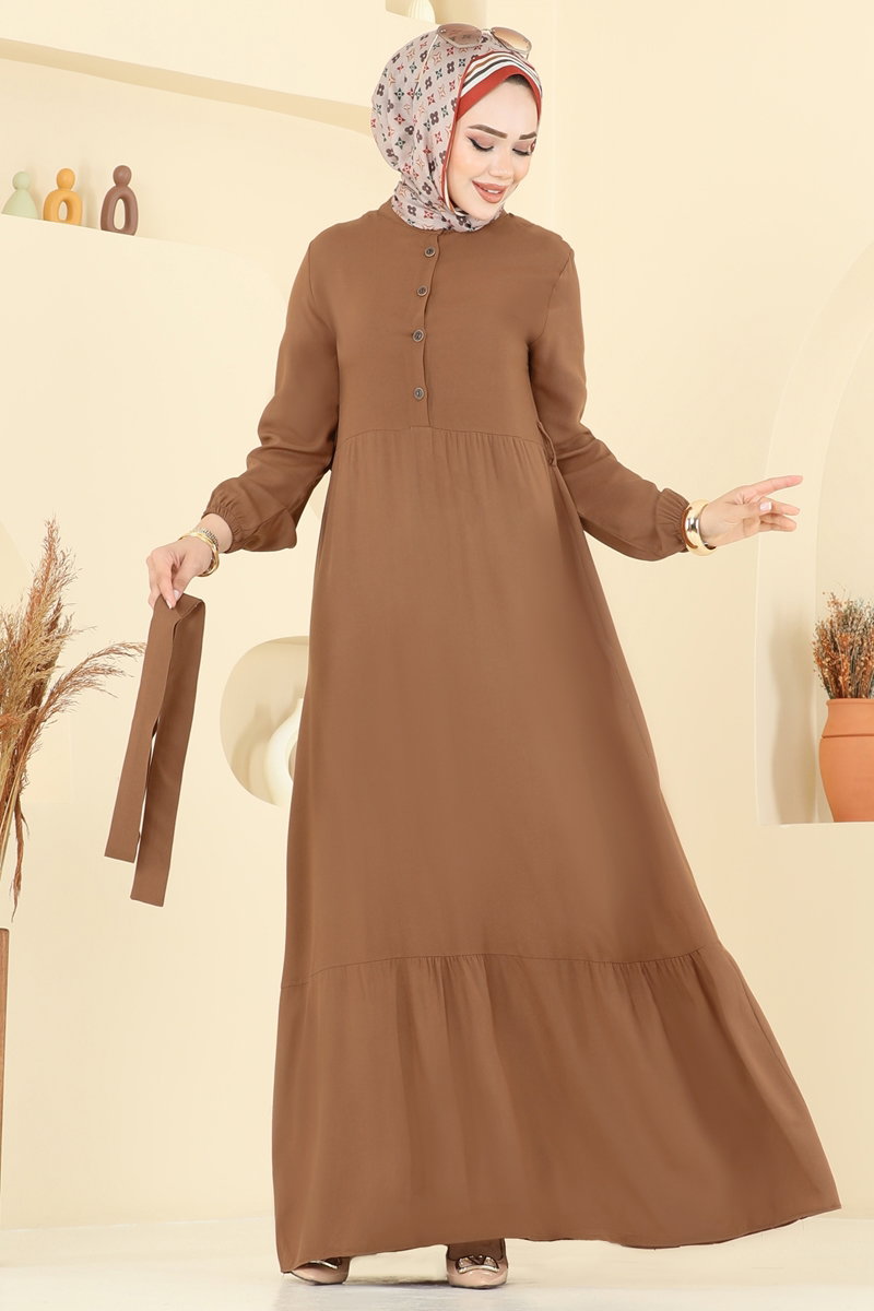 Önden Yarım Düğmeli Elbise 5003ERK1158 Taba