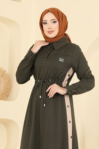 moda selvim Önden Yarım Düğmeli Elbise PL9178 Haki - Thumbnail