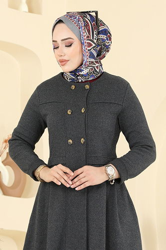 moda selvim Önden Yarım Düğmeli Ferace 460DVL817 Antrasit - Thumbnail