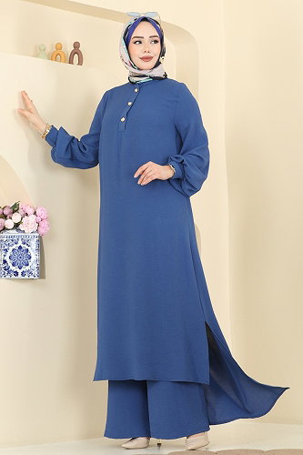 moda selvim Önden Yarım Düğmeli Takım 2845SLK540 İndigo - Thumbnail