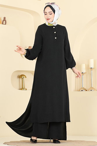 moda selvim Önden Yarım Düğmeli Takım 2845SLK540 Siyah - Thumbnail