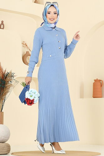 moda selvim Önden Yarım Düğmeli Triko Ellbise 8364KL398 Bebe Mavisi - Thumbnail