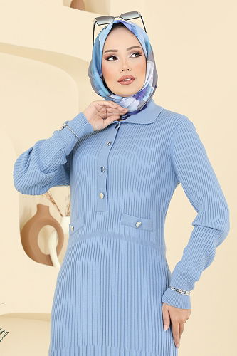 moda selvim Önden Yarım Düğmeli Triko Ellbise 8364KL398 Bebe Mavisi - Thumbnail