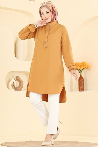 moda selvim Önden Yarım Düğmeli Tunik 2895SLK540 Hardal - Thumbnail