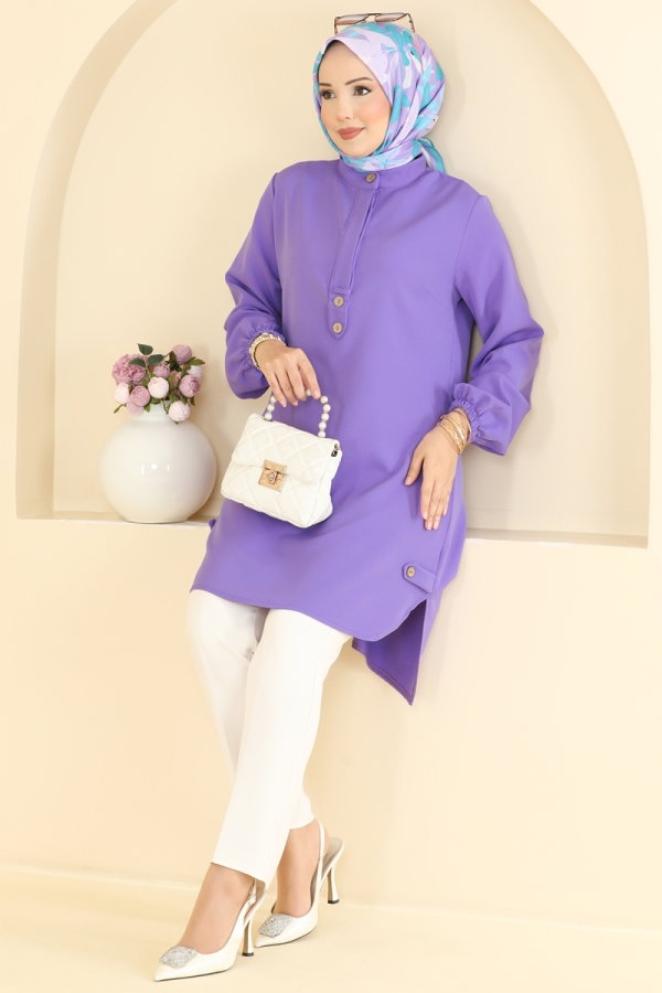 Modaselvim Tunik Önden Yarım Düğmeli Tunik 2895SLK540 Lila