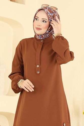 moda selvim Önden Yarım Düğmeli Tunik 2895SLK540 Taba - Thumbnail