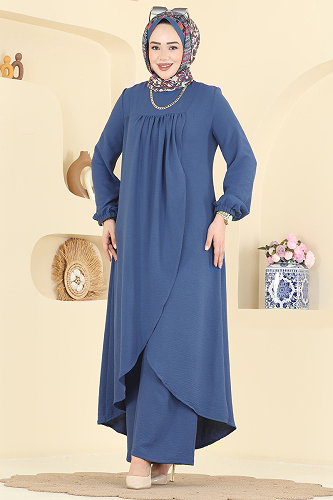 moda selvim Önden Yırtmaçlı 2 li Takım 2824SLK540 Açık İndigo - Thumbnail