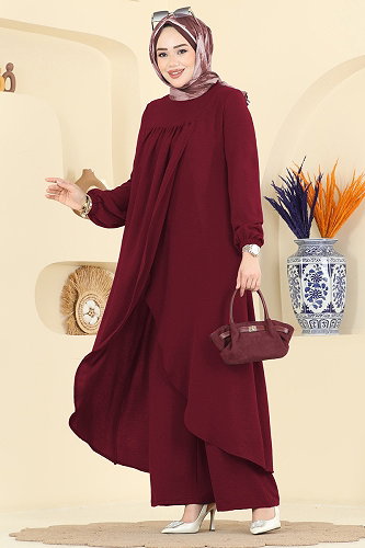 moda selvim Önden Yırtmaçlı 2 li Takım 2824SLK540 Bordo - Thumbnail