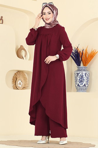 moda selvim Önden Yırtmaçlı 2 li Takım 2824SLK540 Bordo - Thumbnail