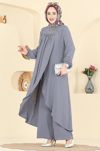 moda selvim Önden Yırtmaçlı 2 li Takım 2824SLK540 Gri - Thumbnail