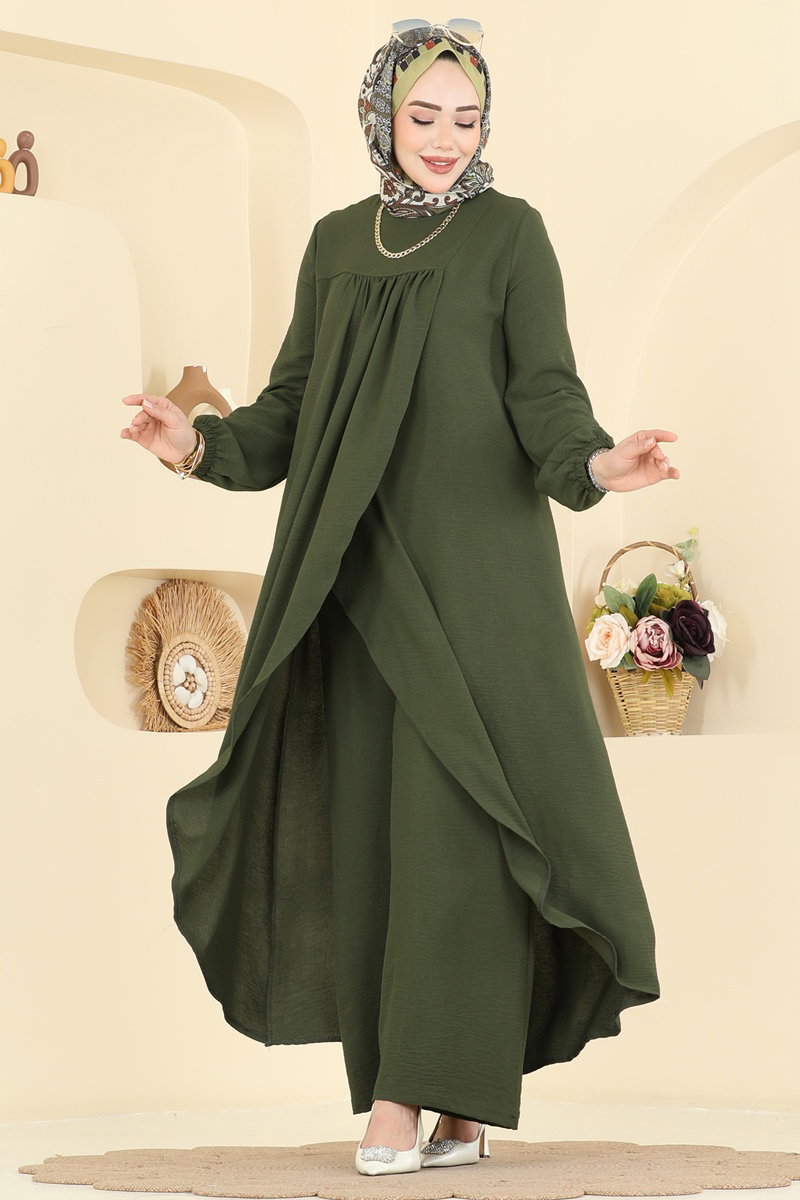 Önden Yırtmaçlı 2 li Takım 2824SLK540 Haki - Moda Selvim