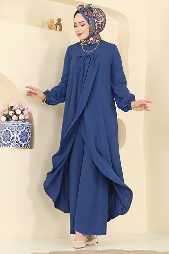 moda selvim Önden Yırtmaçlı 2 li Takım 2824SLK540 İndigo - Thumbnail