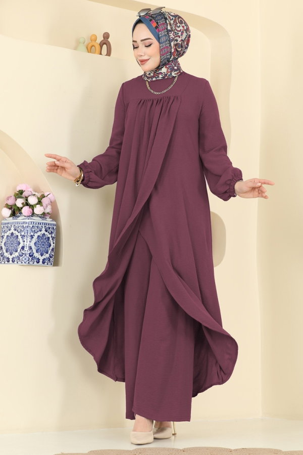 Modaselvim Kombin Önden Yırtmaçlı 2 li Takım 2824SLK540 Koyu Gül Kurusu