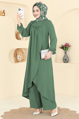 moda selvim Önden Yırtmaçlı 2 li Takım 2824SLK540 Koyu Mint - Thumbnail