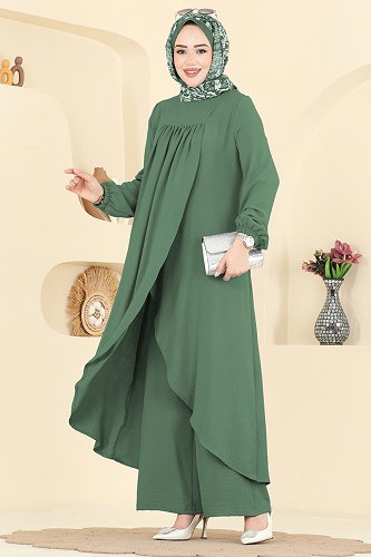 moda selvim Önden Yırtmaçlı 2 li Takım 2824SLK540 Koyu Mint - Thumbnail